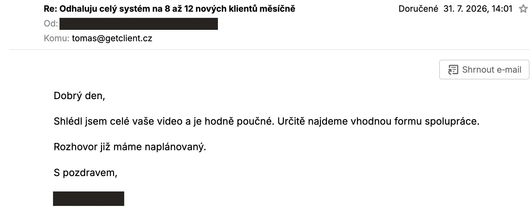 E-mailová odpověď majitele klubu na video z kampaně