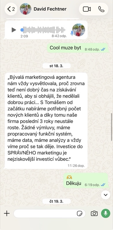 WhatsApp zpráva od Davida Fechtnera, majitele Fechtner Workout Clubu