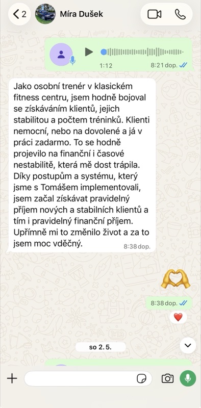 WhatsApp zpráva od Míry Duška, osobního trenéra